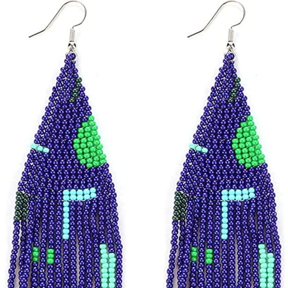 Long 5" Abstract Shapes Navy Blue Handmade Beaded Oversized Bohemian Earrings - Picture 2 of 5